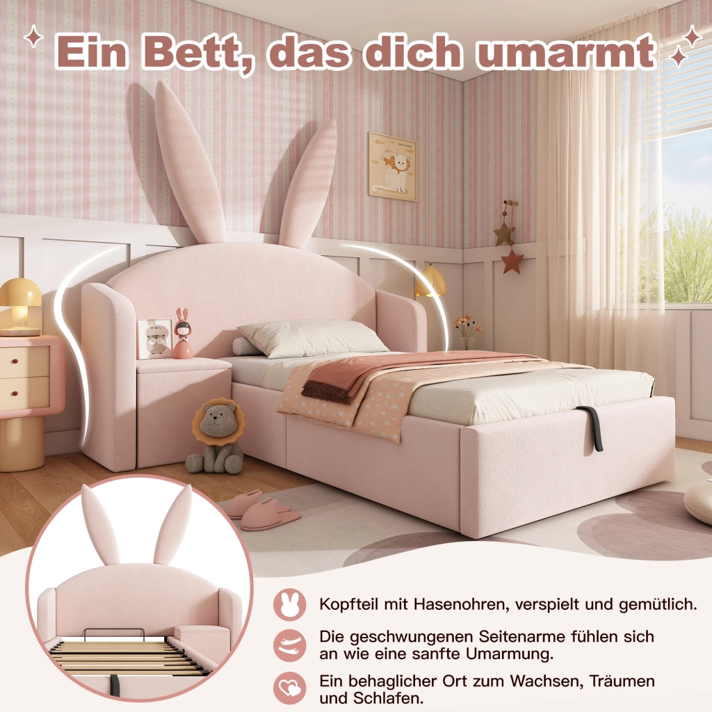 Letto imbottito con vano contenitore 90x200 cm velluto rosa
