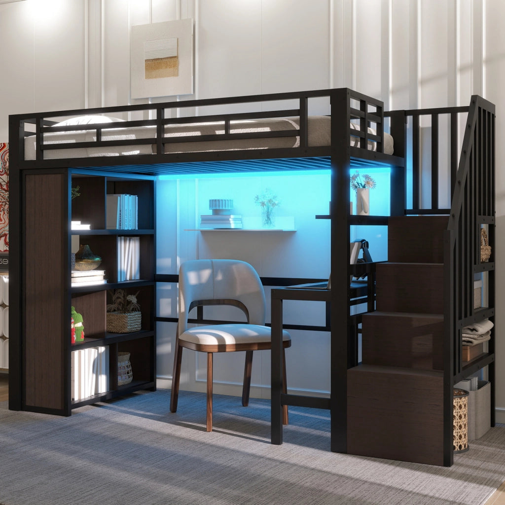 Letto a soppalco ULEVR 90x200 cm con scrivania, scaffali, gradini contenitore e LED controllabile via app, nero
