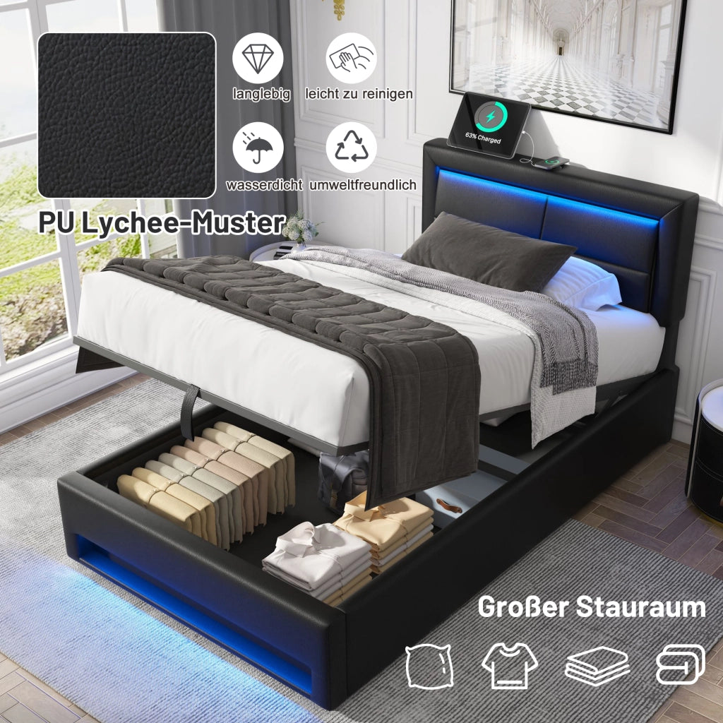 Letto Contenitore 90x200 cm; Letto Singolo - USB; LED Regolabile e in PU Nero