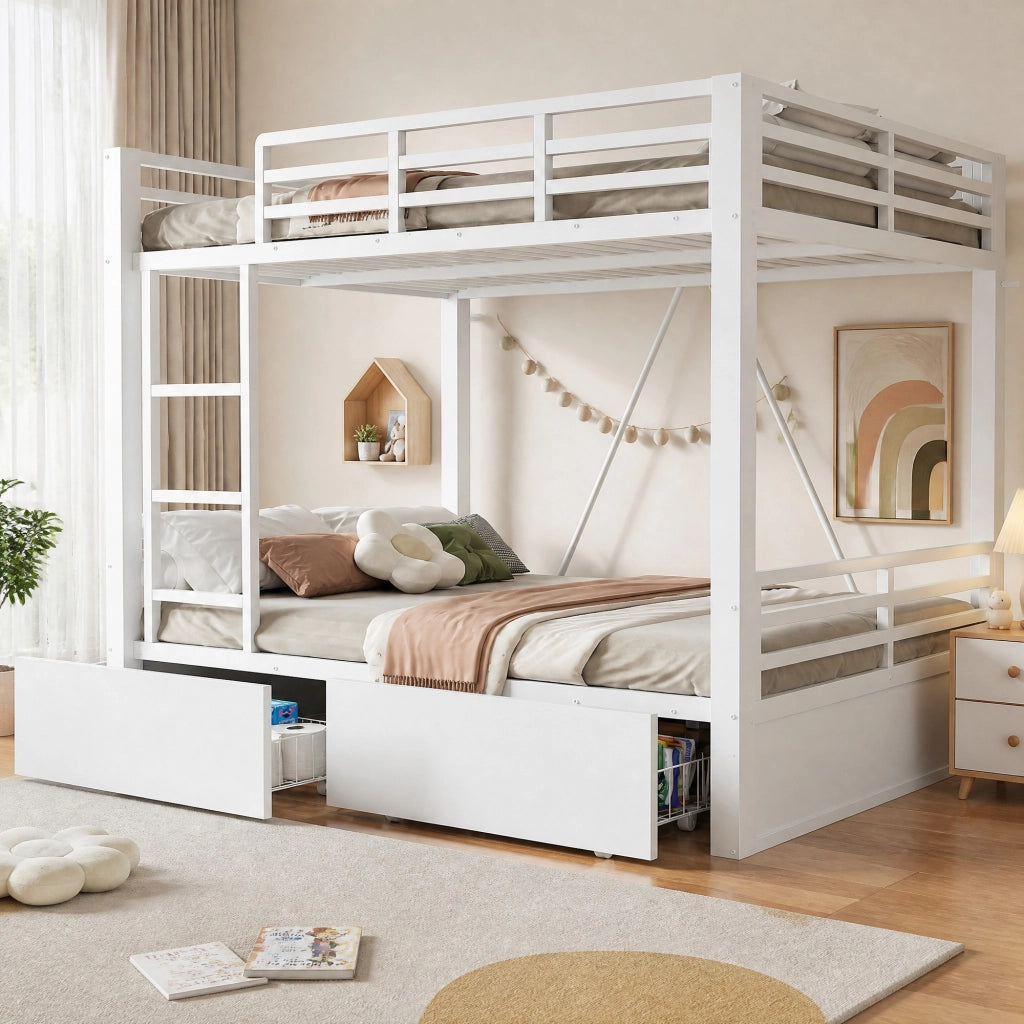 Letto a castello 140 × 200 cm con 2 cassetti, scala e sponde di sicurezza, senza materasso, bianco