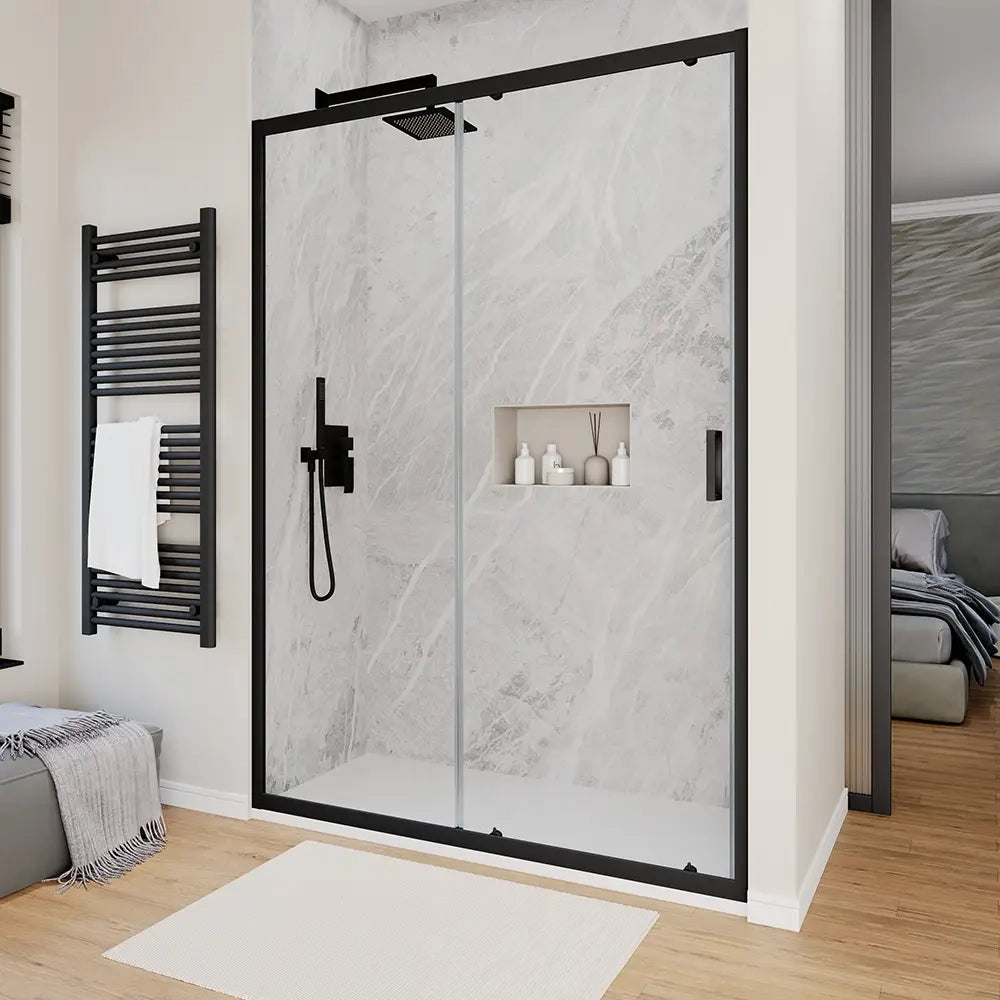 Porta doccia 110 cm scorrevole profili nero opaco vetro 6mm trasparente h190 | Sicily