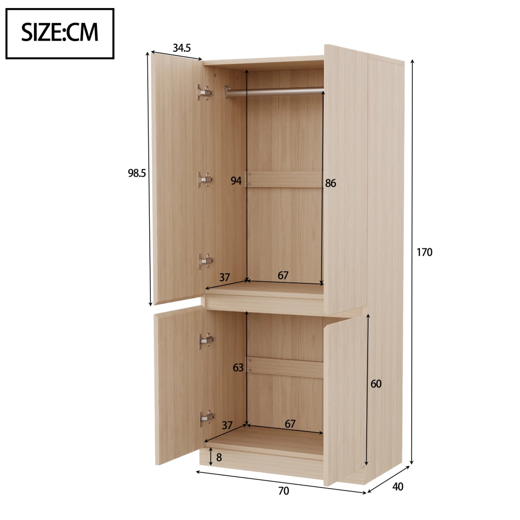 Armadio con 2 ante e ampio vano contenitore, per camera da letto, in legno, effetto legno naturale, 70 × 40 × 170 cm
