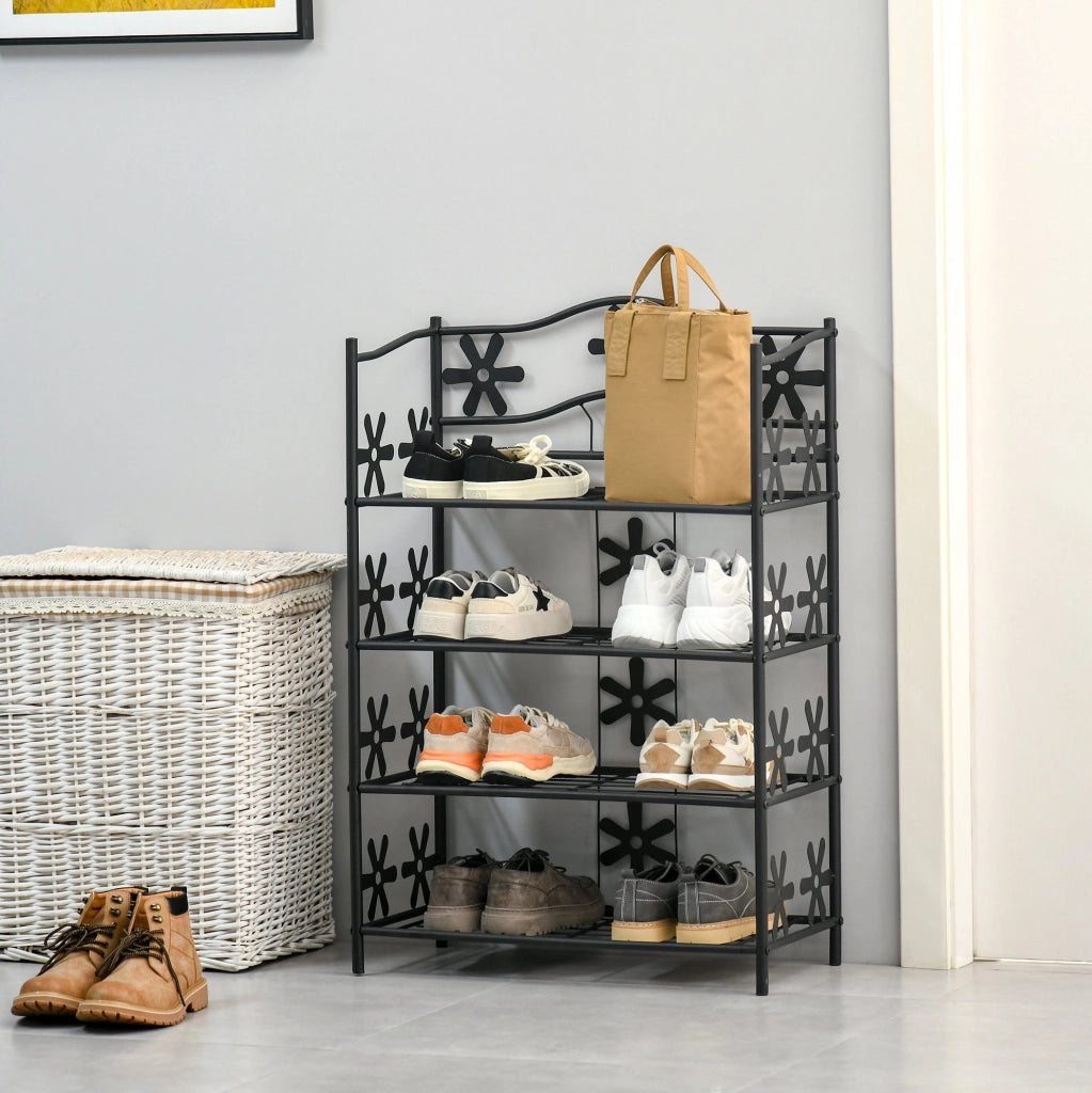 Scaffale in metallo nero a 4 ripiani con decorazioni floreali