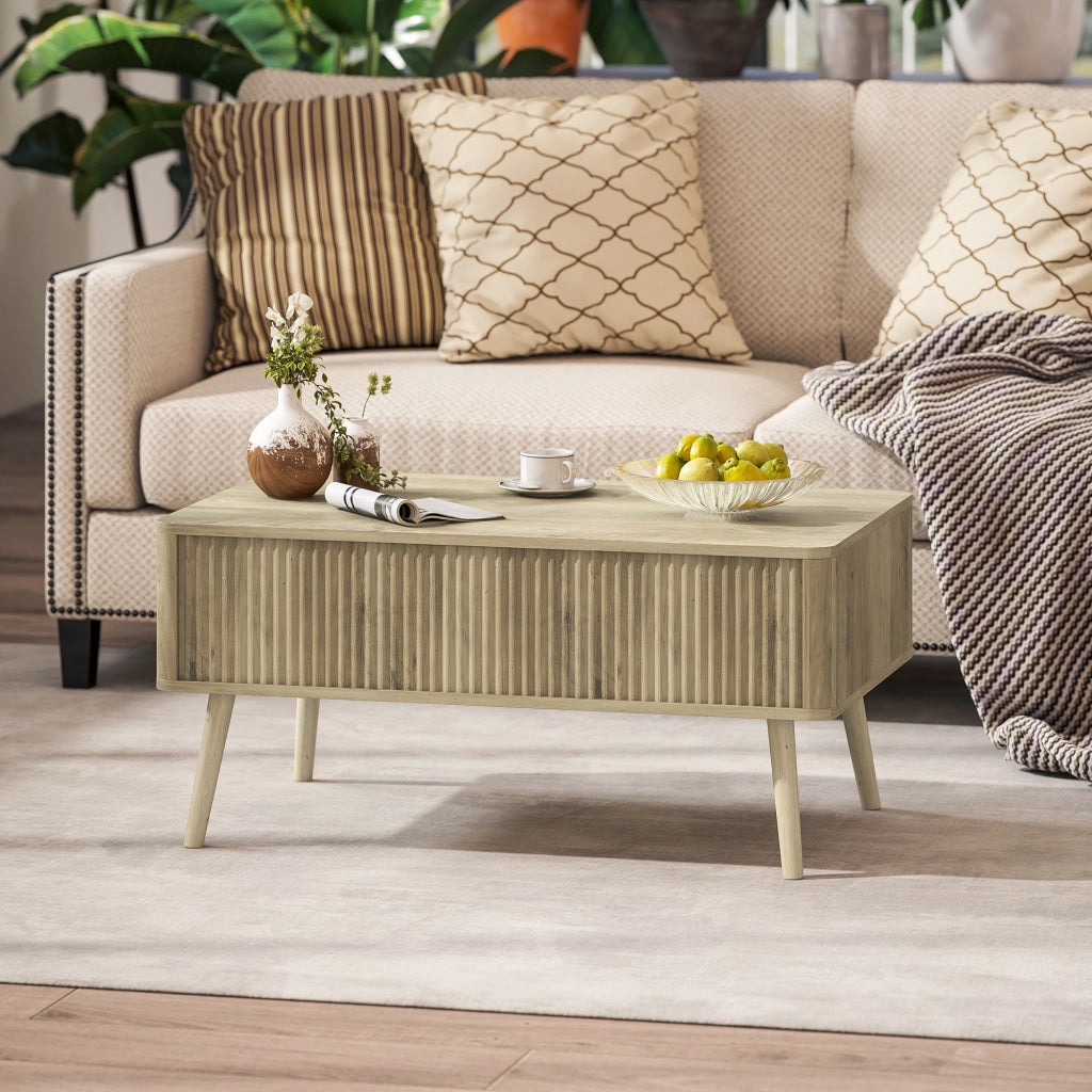 Tavolino da salotto con ripiano sollevabile e scomparti nascosti ¨C zephmum ¨C 91x56x43 cm, effetto quercia, gambe in pino