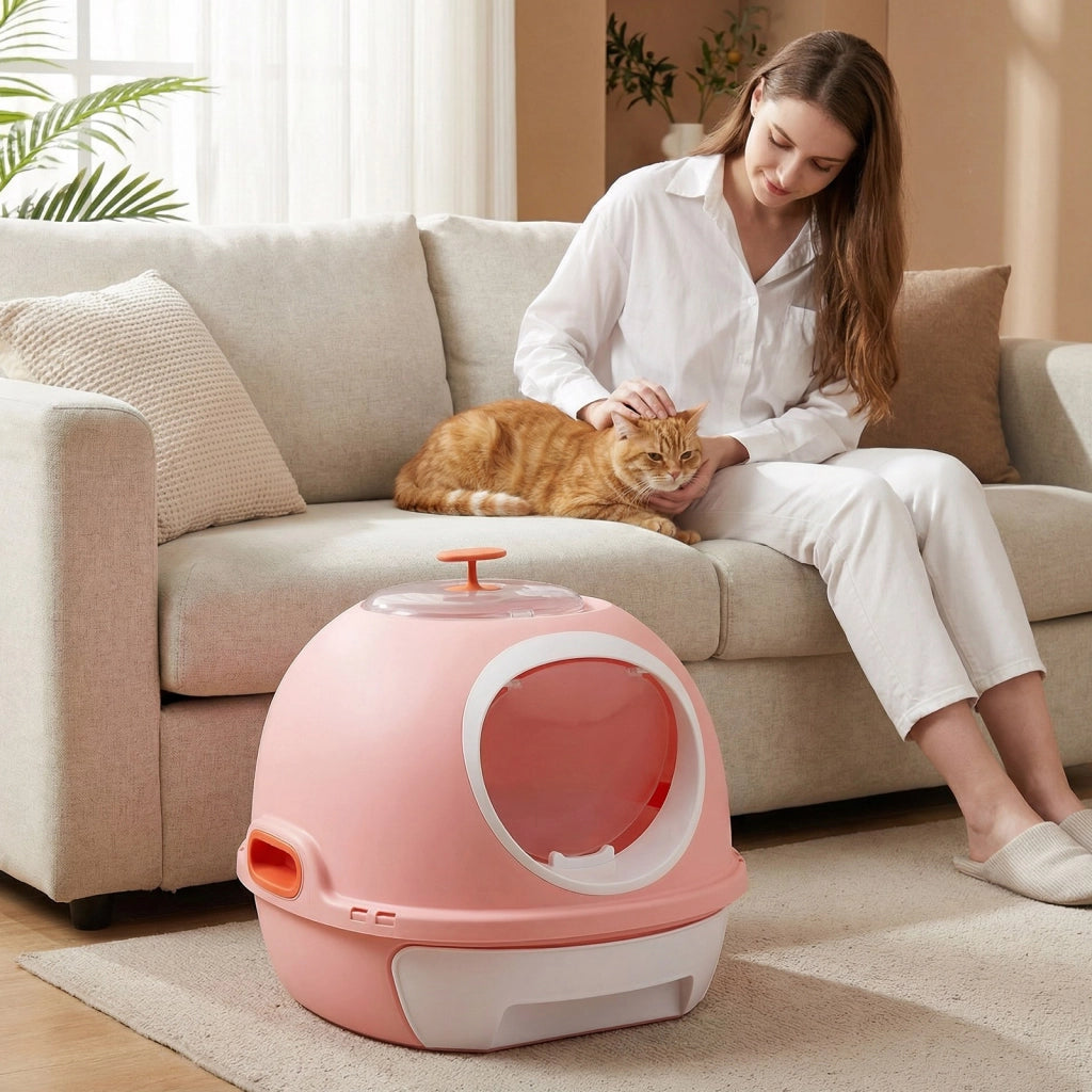 Lettiera per gatti con coperchio stile elicottero  frontale uscita ribalta-Toilette per gattini cassetto portatile piccoli medi fino a 10 kg Rosa