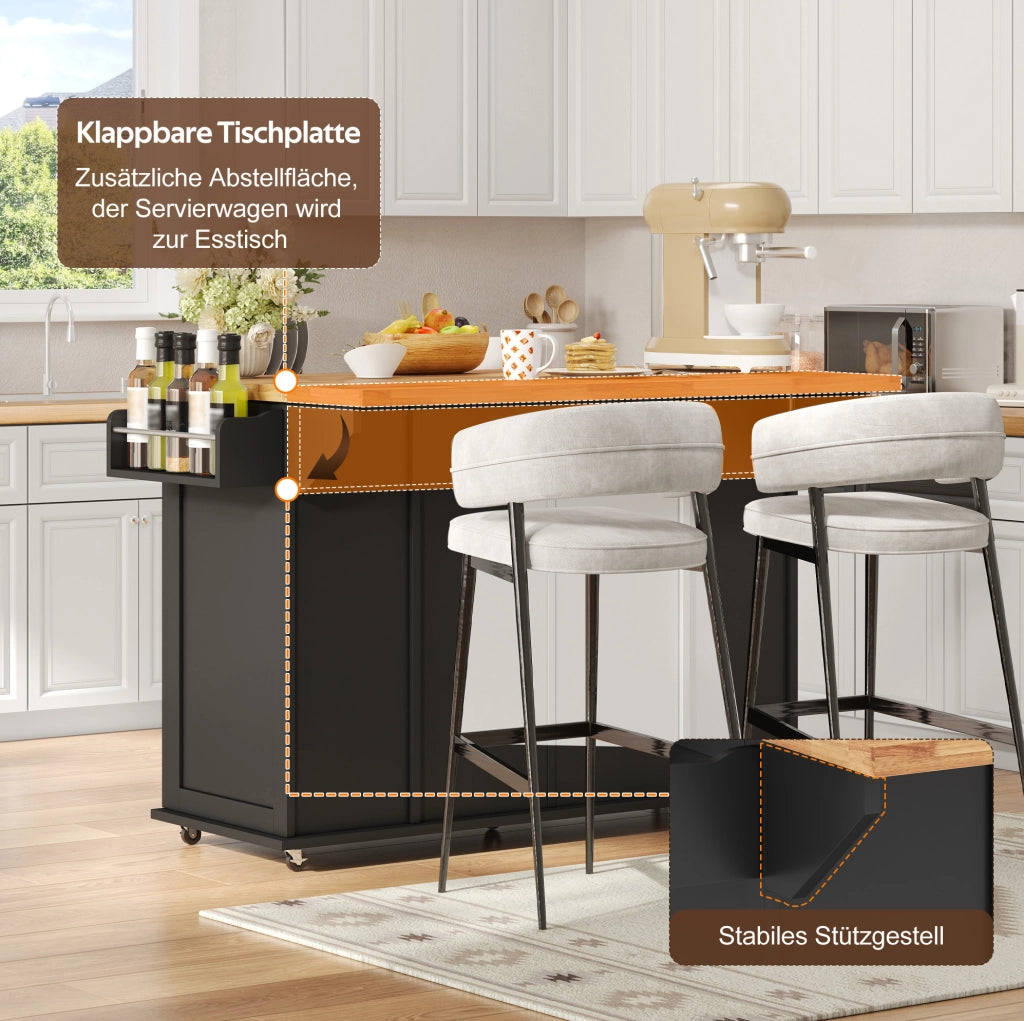 Isola cucina con piano ribaltabile 120x45(70)x87 cm in MDF nero e naturale
