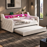 Letto estraibile 90 × 190 cm in velluto beige con LED regolabile USB Type-C ripiano e rete a 12 doghe
