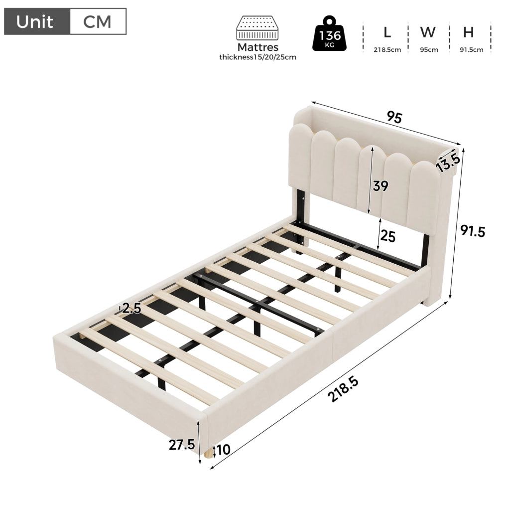 Letto imbottito per bambini 90x200 cm in velluto beige con rete a doghe; USB; Type-C e luce notturna