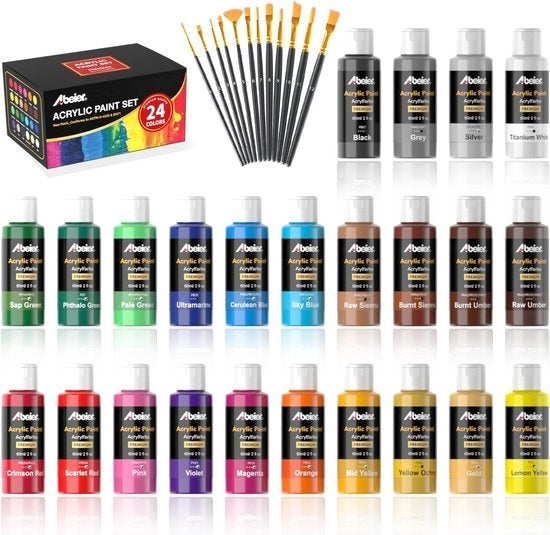 Set di vernice acrilica - 24 colori - Adatto per principianti e artisti - 12 pennelli.