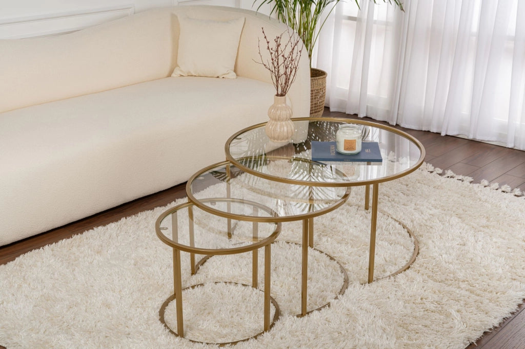 Set di 3 tavolini in metallo "Aurum" - 80 x 80 x 43 cm - Oro trasparente