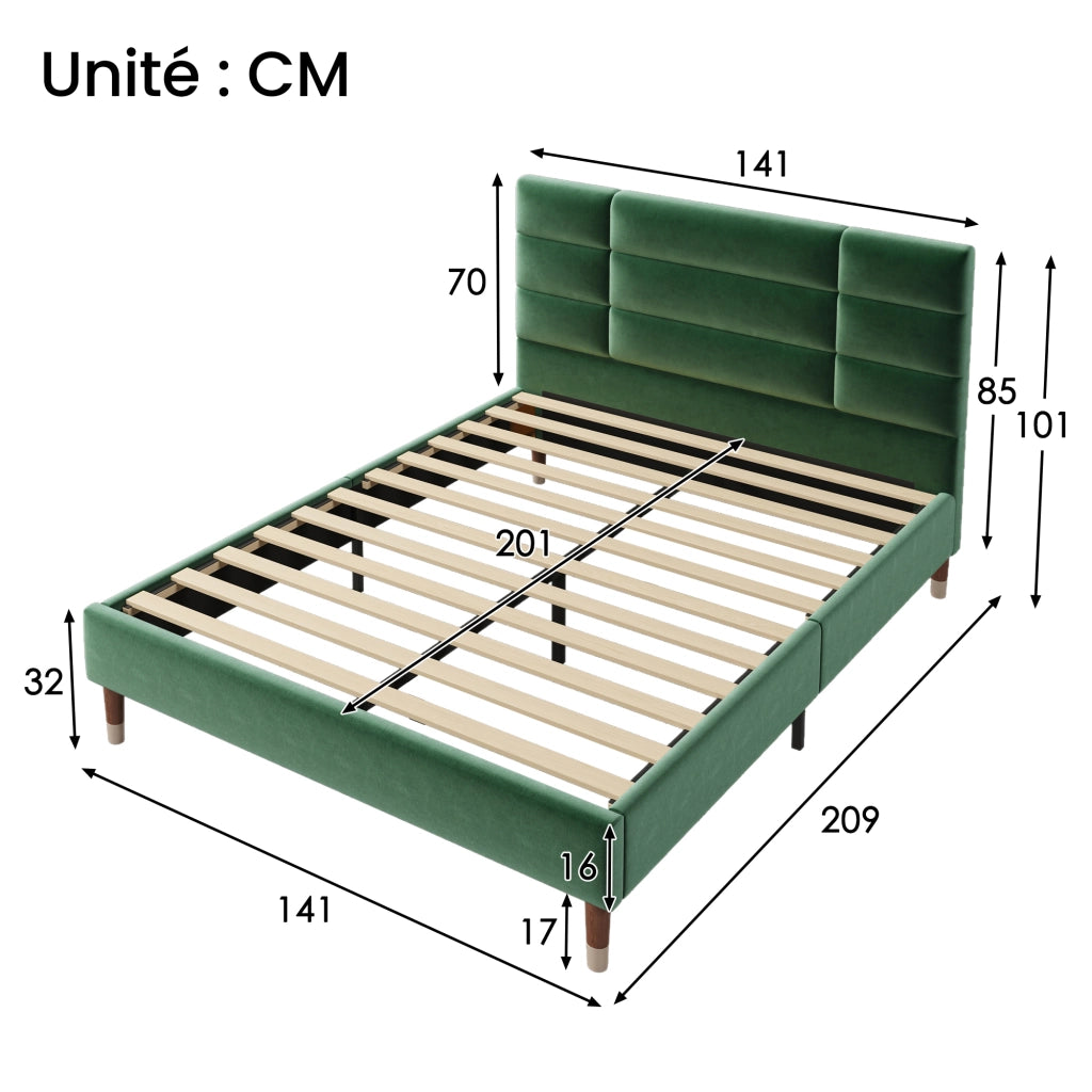 Letto Matrimoniale 140×200 cm; Letto Imbottito in Velluto con Testiera Trapuntata e Spazio Sottoletto; senza Materasso; Verde