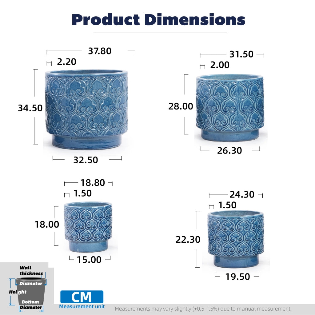 VASO in ceramica Ø 31,5 cm Blu lucido con rilievo floreale