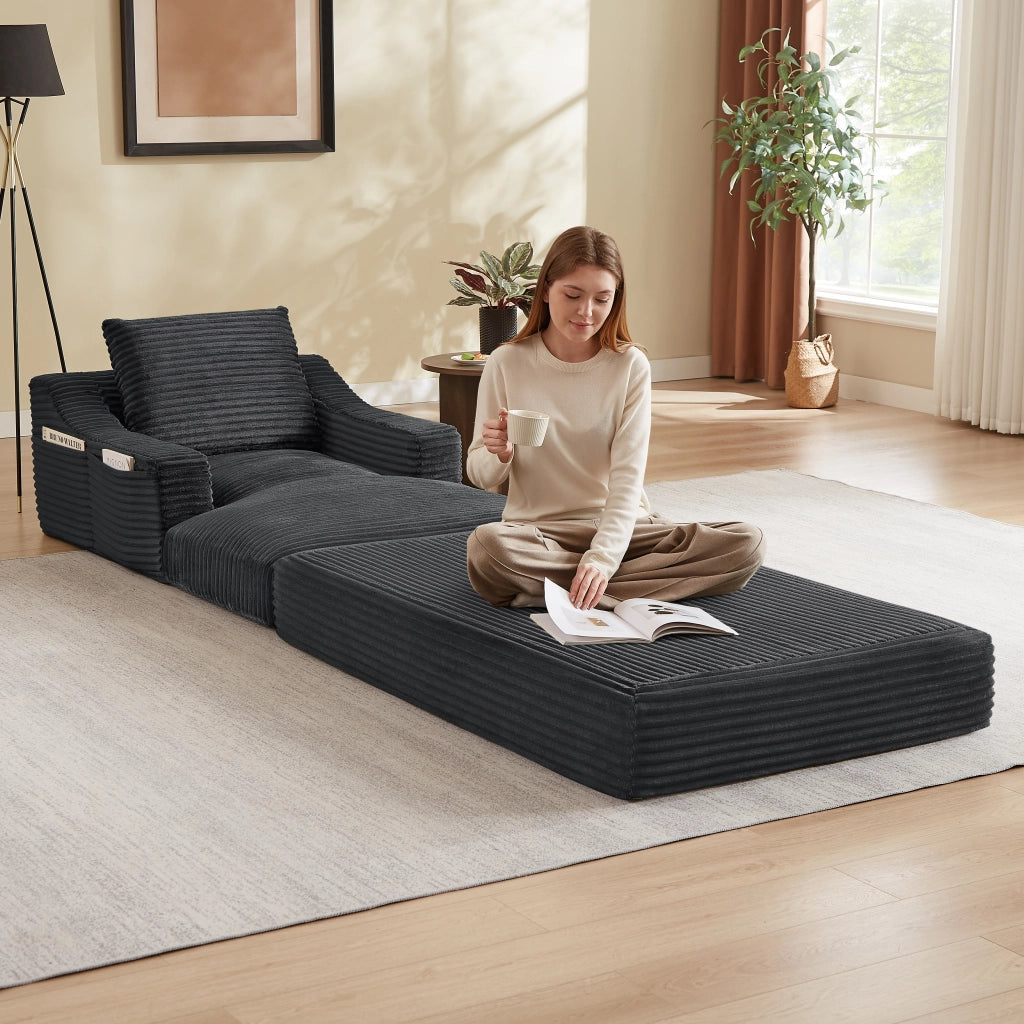 Poltrona lounge convertibile in letto con design a doppio strato in velluto a coste in schiuma grigio scuro