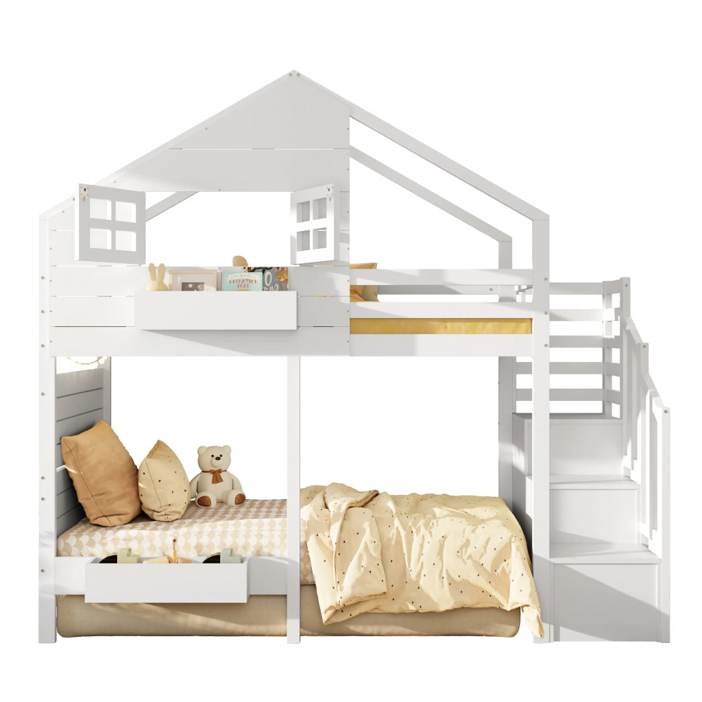 Letto a castello per bambini 90x200 cm in legno di pino massiccio, con finestra, scala contenitore e vani portaoggetti, bianco