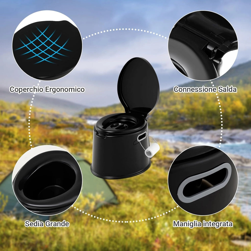 Toilette Portatile WC Chimico, WC da Viaggio Leggero con Secchio Interno Rimovibile,Water Portatile per Adulti e Anziani con Portarotolo, Supporto Carico 200 KG, 41 x 49 x 34 cm (Nero)