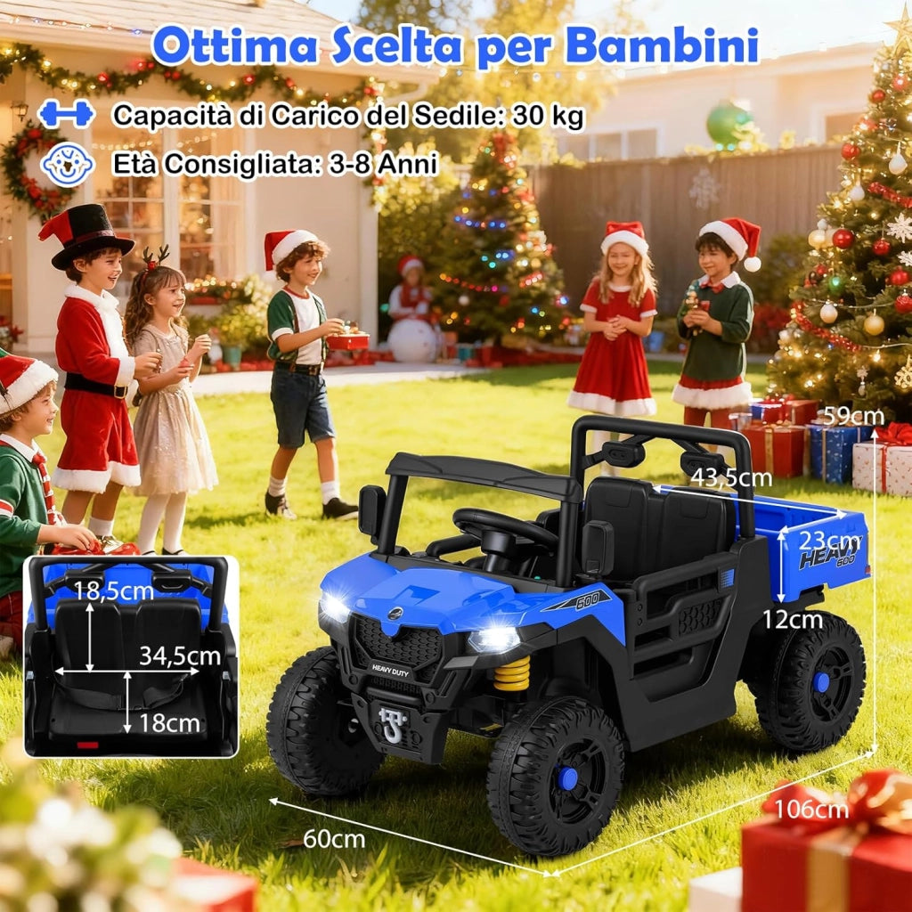 12V Macchina Elettrica per Bambini 2 Posti, Auto Elettrica con Cassone Ribaltabile, Telecomando, Musica, Storie, Luci LED e Sospensione a Molla, Giocattolo per Bambini 3-8 Anni (Blu Navy)