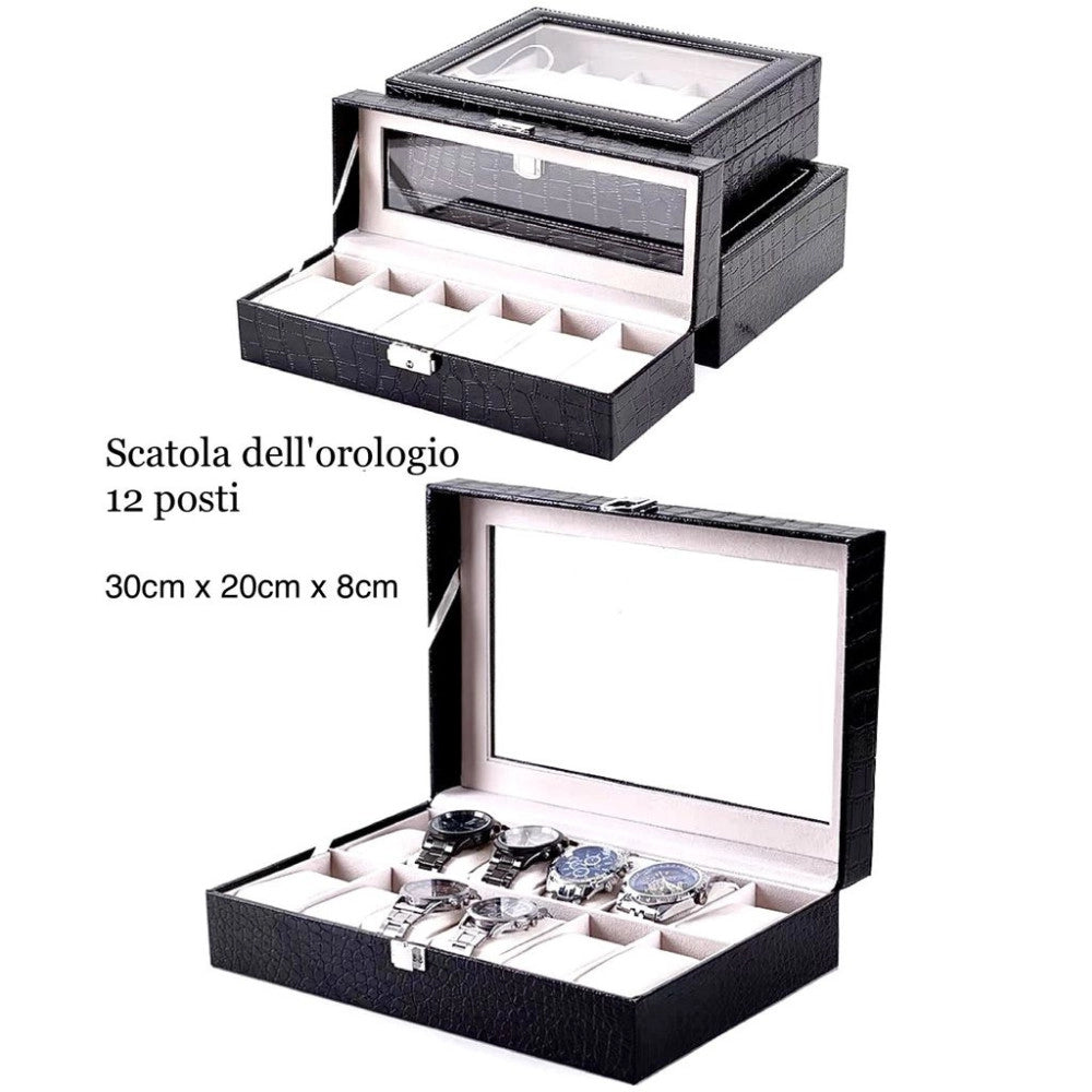 Trade Shop - Scatola Porta Orologi 12 Posti Con Vetro Custodia Grande Effetto Pelle Elegante -