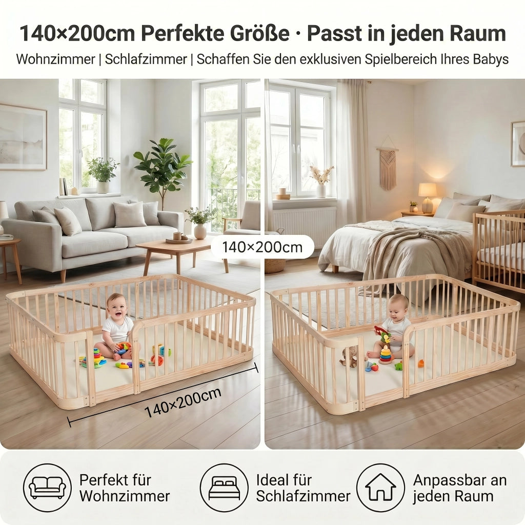 Recinto modulare per bambini 90 × 200 cm, barriere di sicurezza da 7 cm, angoli arrotondati, senza materasso, in legno, naturale