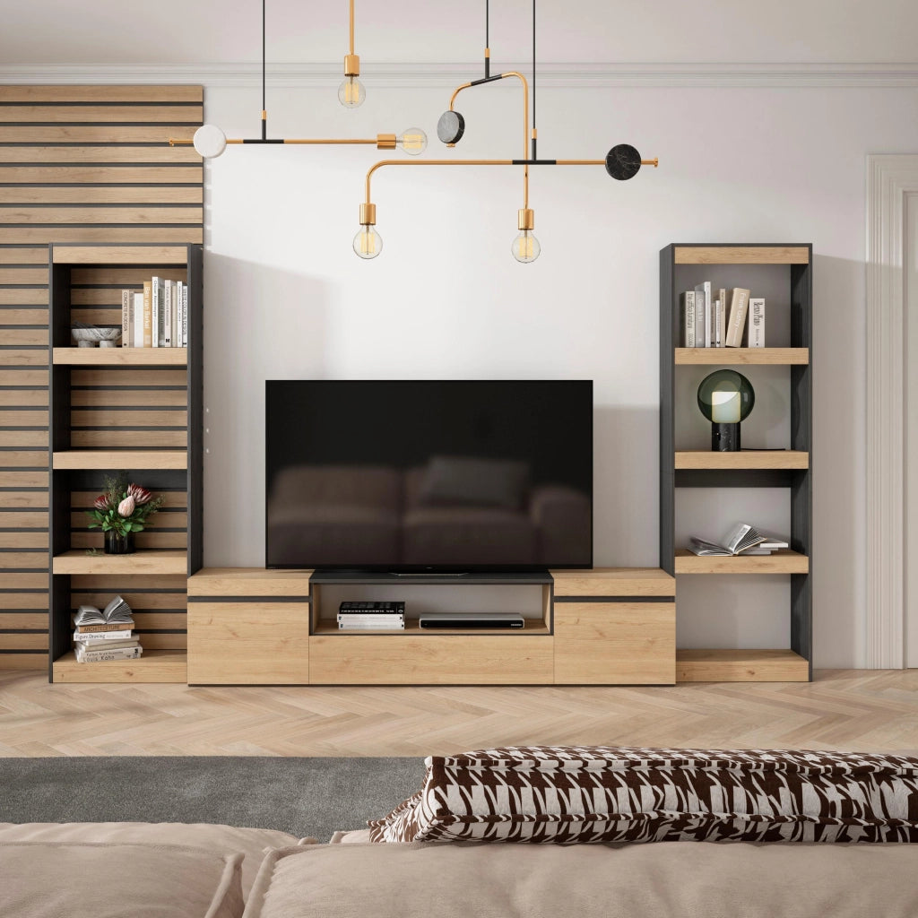 Mobile TV, Soggiorno, 320x35x186cm, Per TV fino a 80", Set di mobili, colore Rovere e nero RF2603