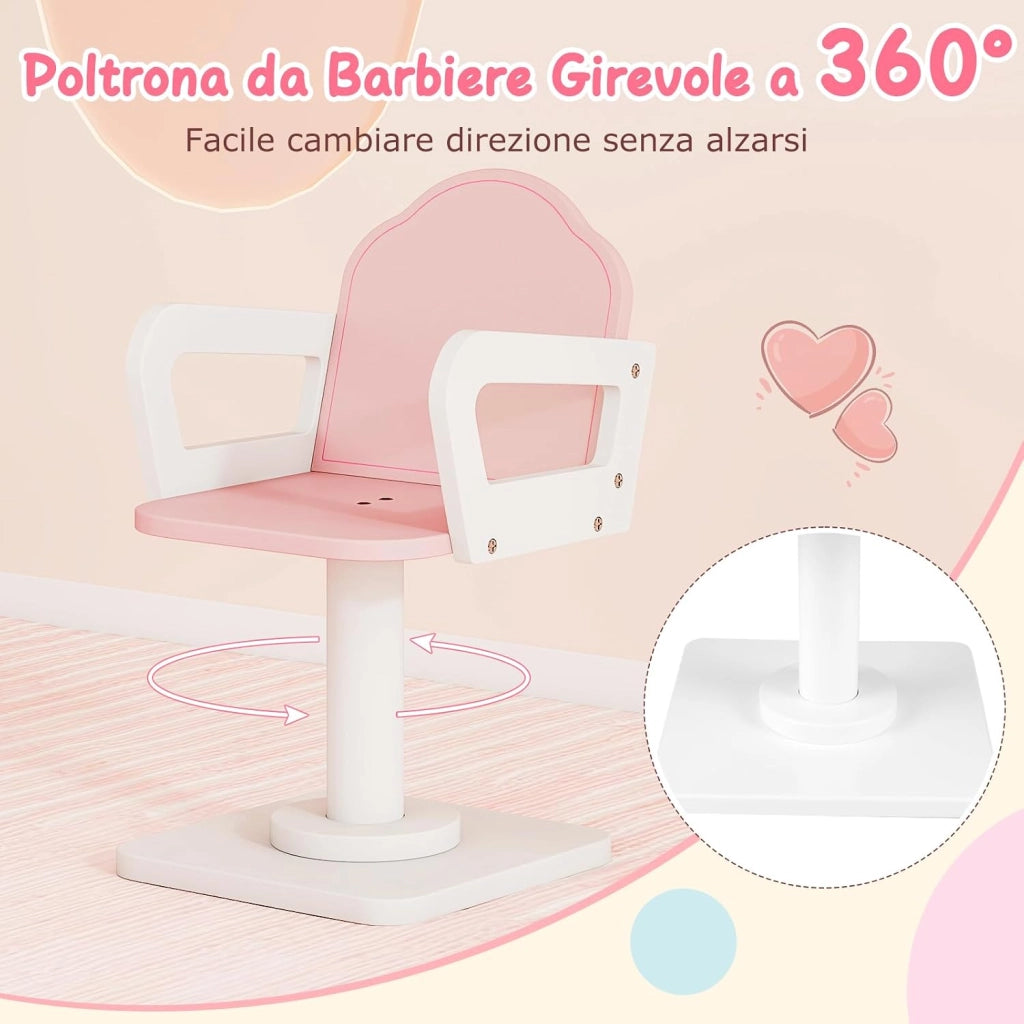 Set Toeletta per Bambini con Specchio Illuminato a LED | Tavolo per Manicure con Poltrona Girevole e Carrello con Ruote, Postazione Trucco con Asciugacapelli e Pettine per Bambini 3+