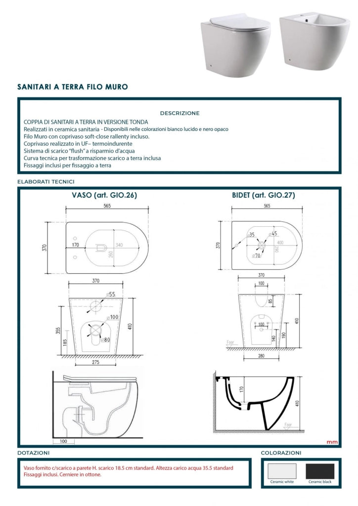 Coppia di sanitari wc e bidet a terra ceramica SICENA ROUNDED