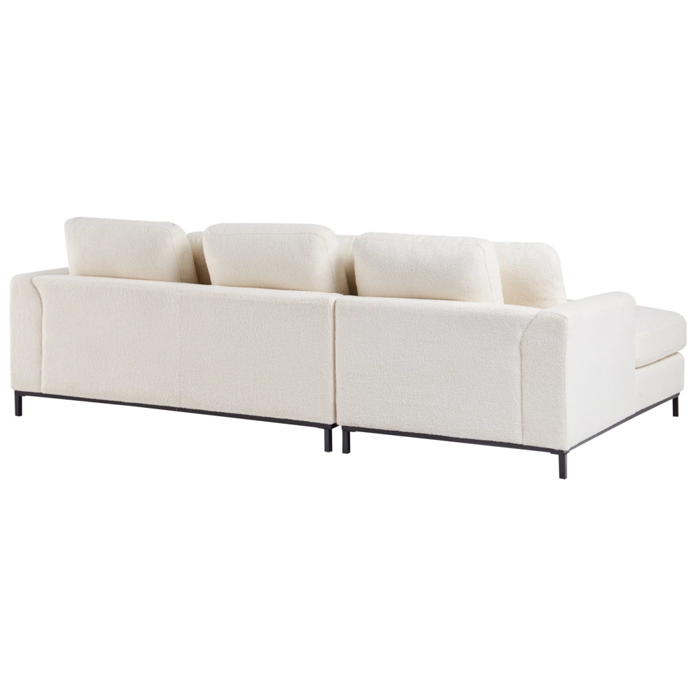 Divano angolare in tessuto bouclè bianco 5 posti versione destra forma a L con pouf
