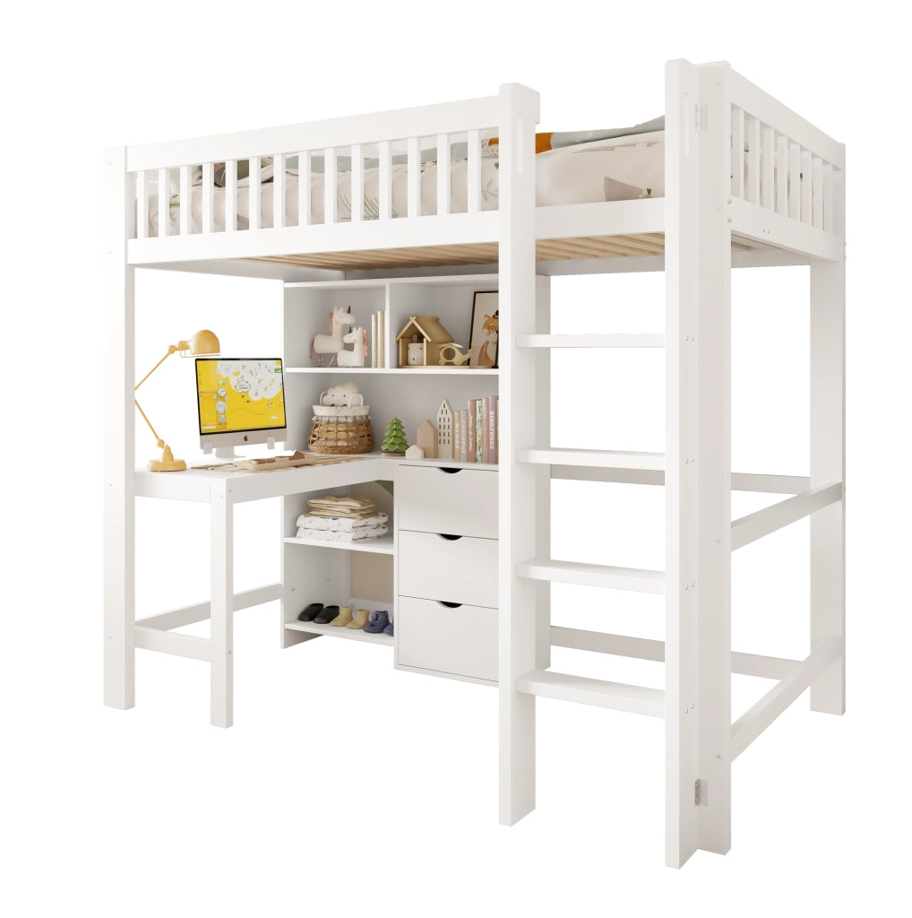 Letto a soppalco bianco 90x200 cm con scrivania e cassetti