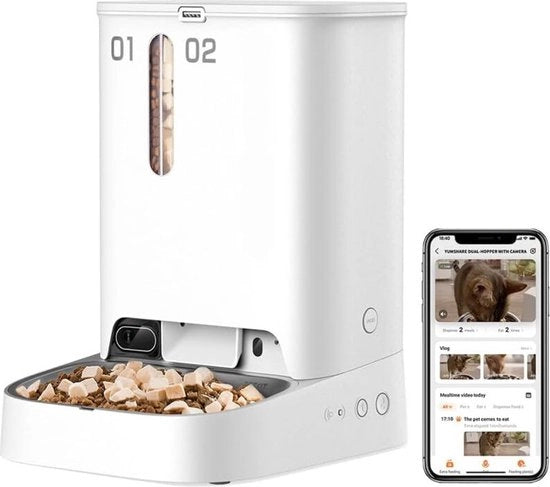 Automatizzatore Cibo per Animali - Cassetta Automatica con Camera e Doppio Beccuccio per Gatti/Cani. Video HD, Funzione AI, Audio Binaurale, App Control e Cassetta in Acciaio Inossidabile per l'Optimale Assistenza dei Vostri Animali di Compagnia
