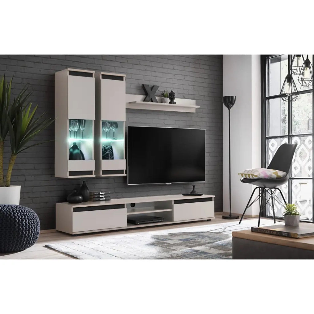 Composizione murale DOMO - Mobile TV, 2 vetrine sospese e 1 mensola da muro - Cashmere