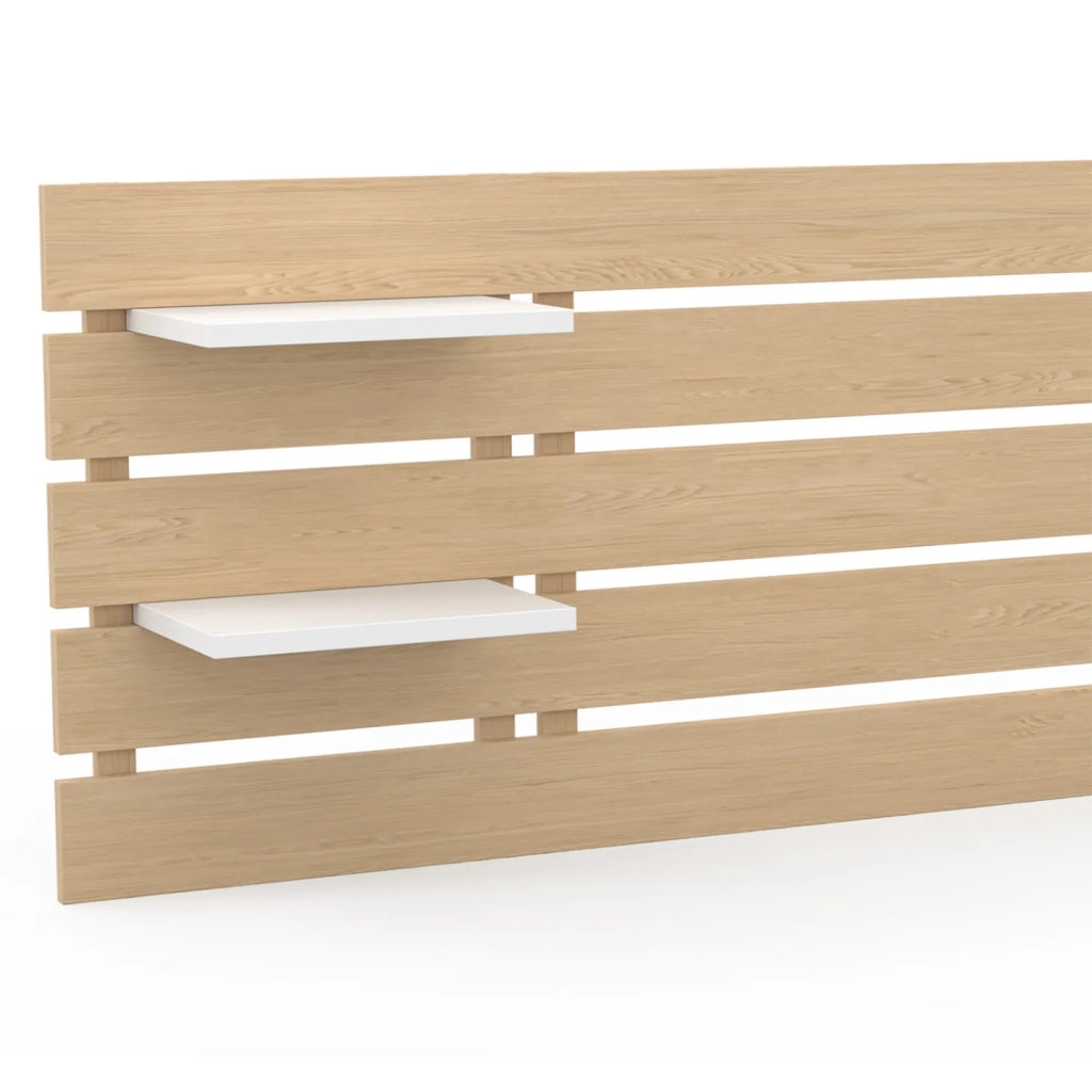 IDMarket - Testiera NINA 240 CM in legno chiaro con 5 doghe larghe e ripiani bianchi