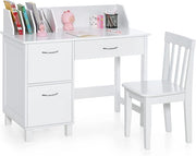 Set di Scrivania e Sedia per Bambini, Scrivania per Bambini con Cassetto e Armadietti, Ideale per Camera da Letto Sala Studio, 90,5 x 46 x 81 cm (bianco)