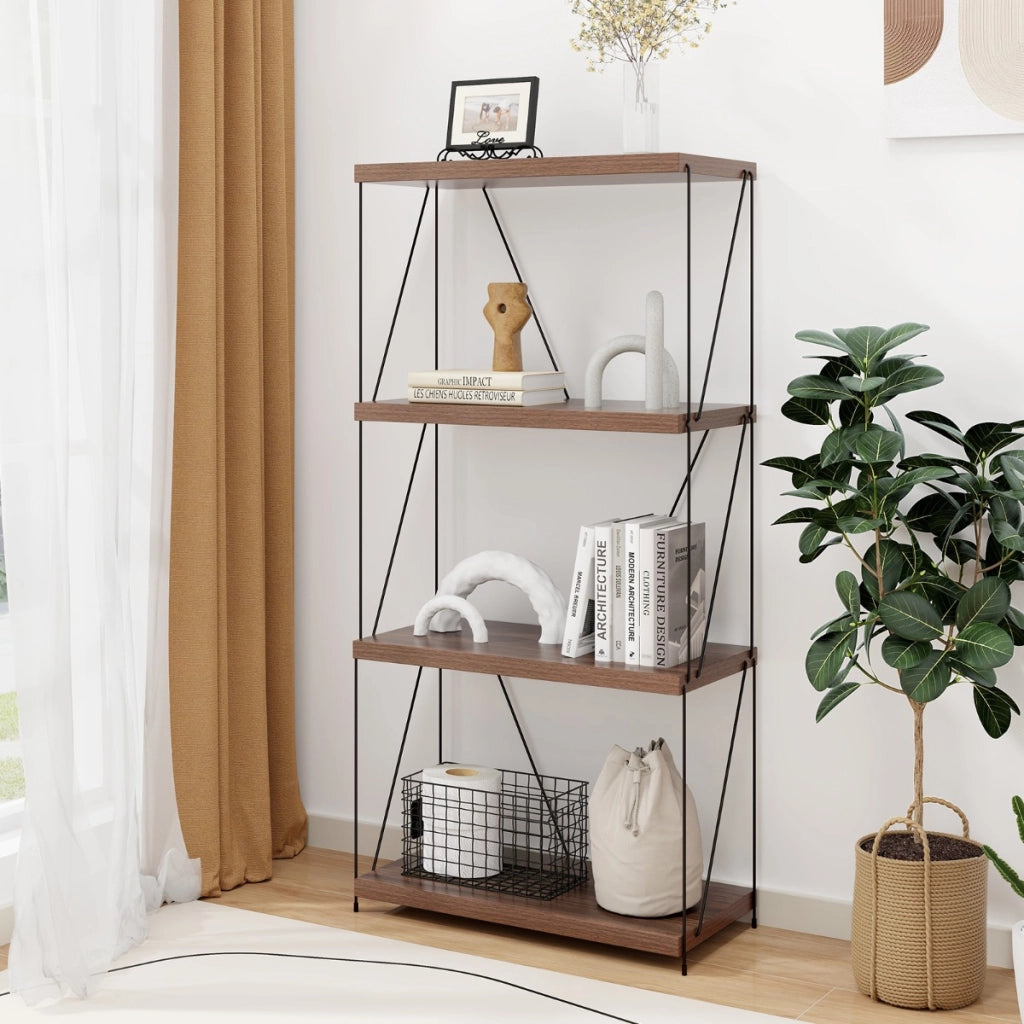 Scaffale multiuso a 4 ripiani con struttura in metallo-Libreria autoportante con stile industriale Noce 61x29,5x105cm