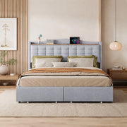 Letto matrimoniale imbottito 160x200 cm grigio con porta USB; 4 cassetti e mensola
