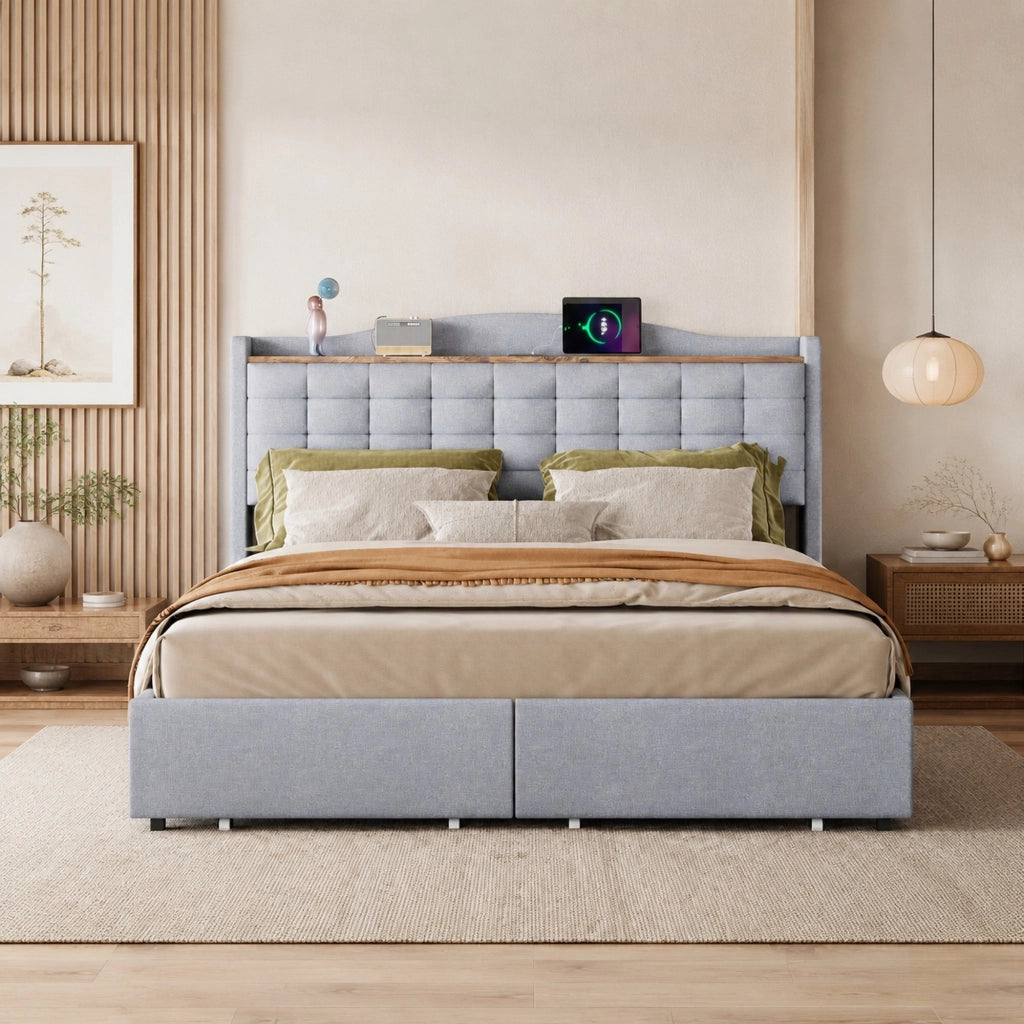 Letto matrimoniale imbottito 160x200 cm grigio con porta USB; 4 cassetti e mensola