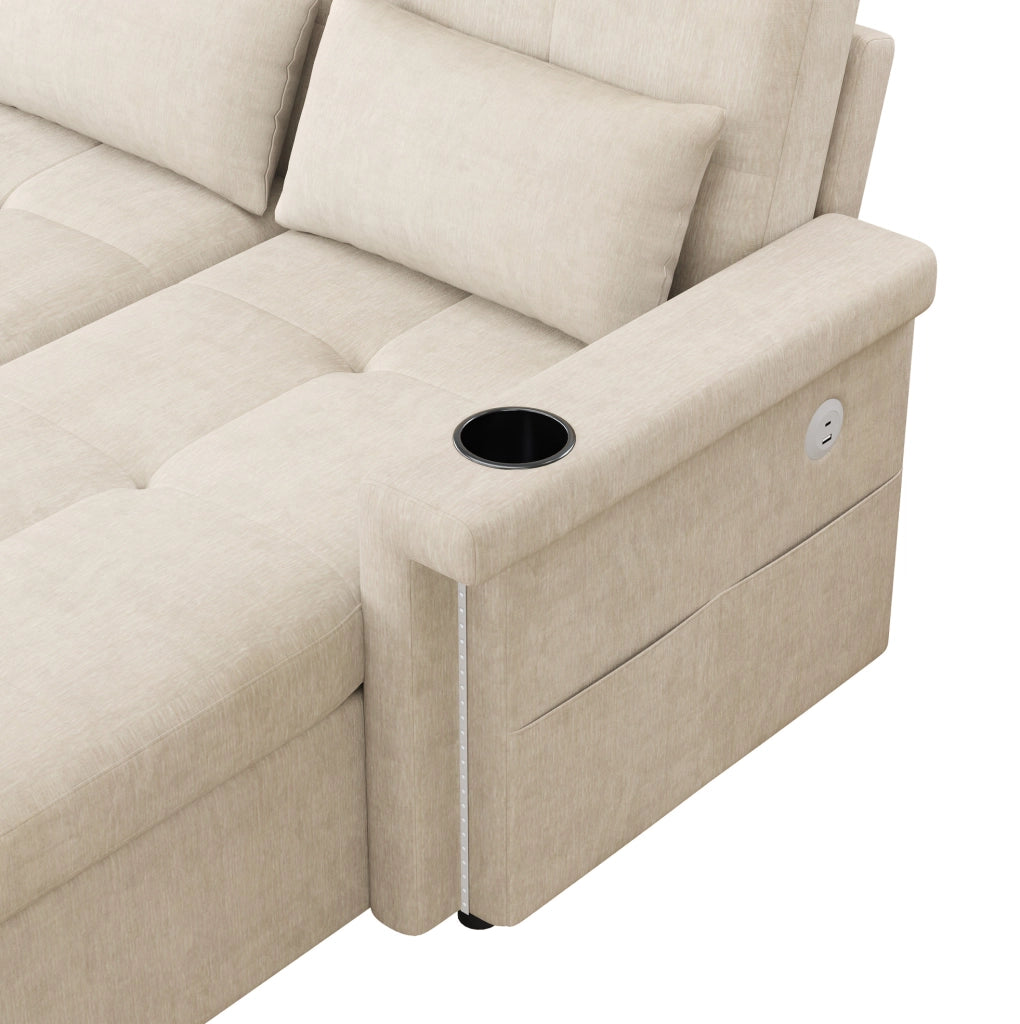 Divano letto angolare 209x141;5x90 cm in ciniglia beige con LED; USB e USB-C
