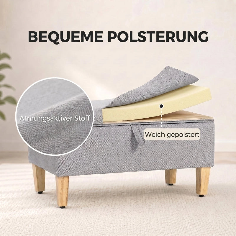 Panca contenitore imbottita con vano portaoggetti in effetto lino e gambe in legno, grigio chiaro 71 × 37 × 36 cm