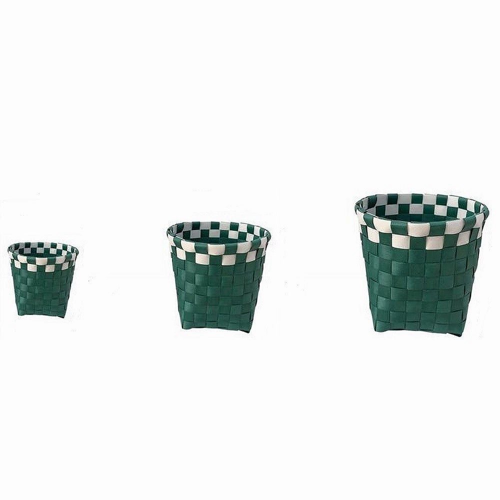Trade Shop - Set 3 Cestini Porta Oggetti Organizer Tessuto Bagno Rotondi Verde Bianco 59078 -