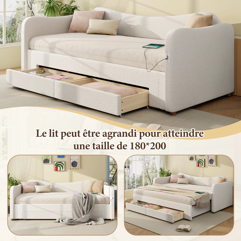 Divano letto con letto estraibile e cassetti, 90x200 cm, bouclé beige