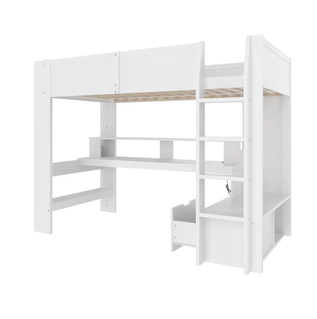 Letto a soppalco 90x200 cm con scrivania; cassetto; scaffali e LED in pino bianco