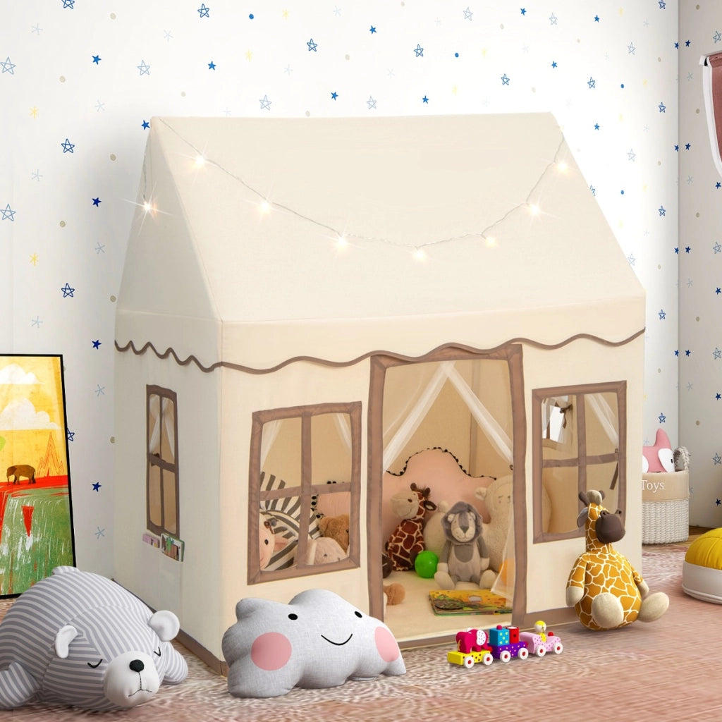 Tenda da gioco per bambini con luci a stella tappetino in velluto lavabile, Casetta per interni ed esterni Marrone