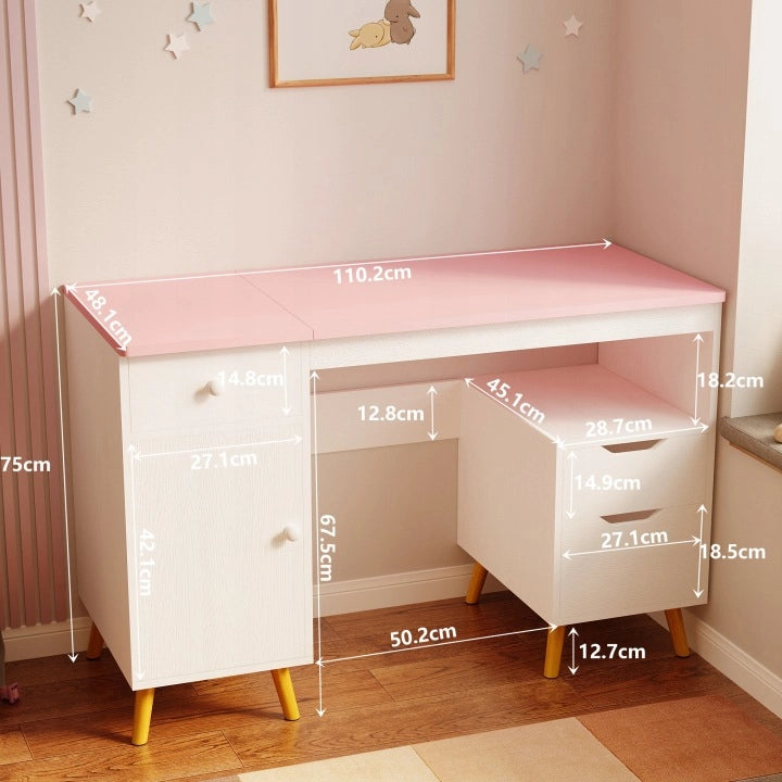 Scrivania bianca per ragazze con cassettiera e piano rosa in stile loft, pratica