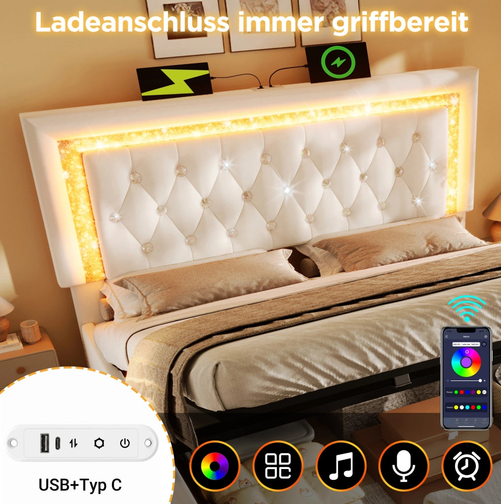 Letto matrimoniale 160x200 in velluto beige con LED e USB-C