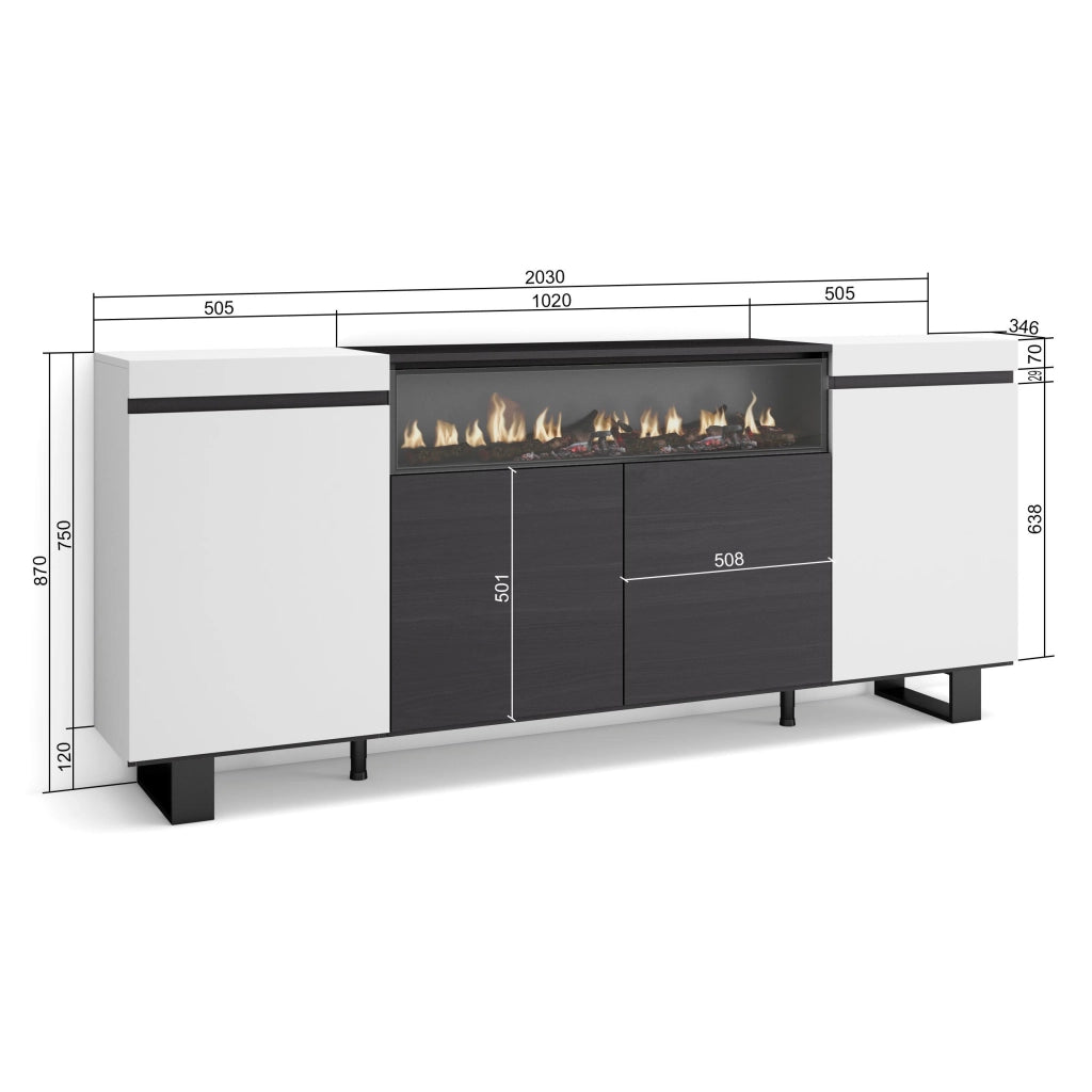 Credenza, Mobile, 200x35x87cm, 4 Porte, Camino elettrico, Design industriale, Bianco e nero RF2299