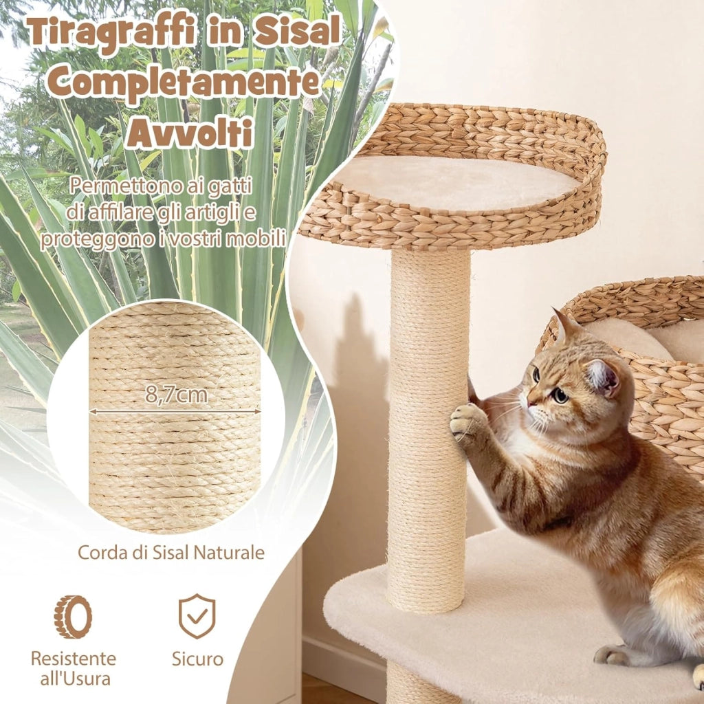 Tiragraffi per Gatti Piccoli, Tiragraffi con Cuccia, Piattaforma, Pallina e Palo in Sisal Naturale, Albero per Gatti da Divano, Salotto e Camera da Letto