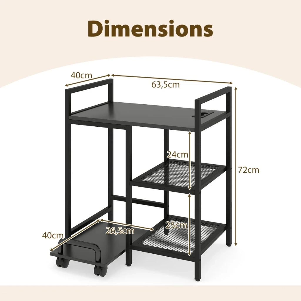 Printer Stand with Charging Station, 3-Tier Printer Table with Storage Shelves, Mobile Stand, Black