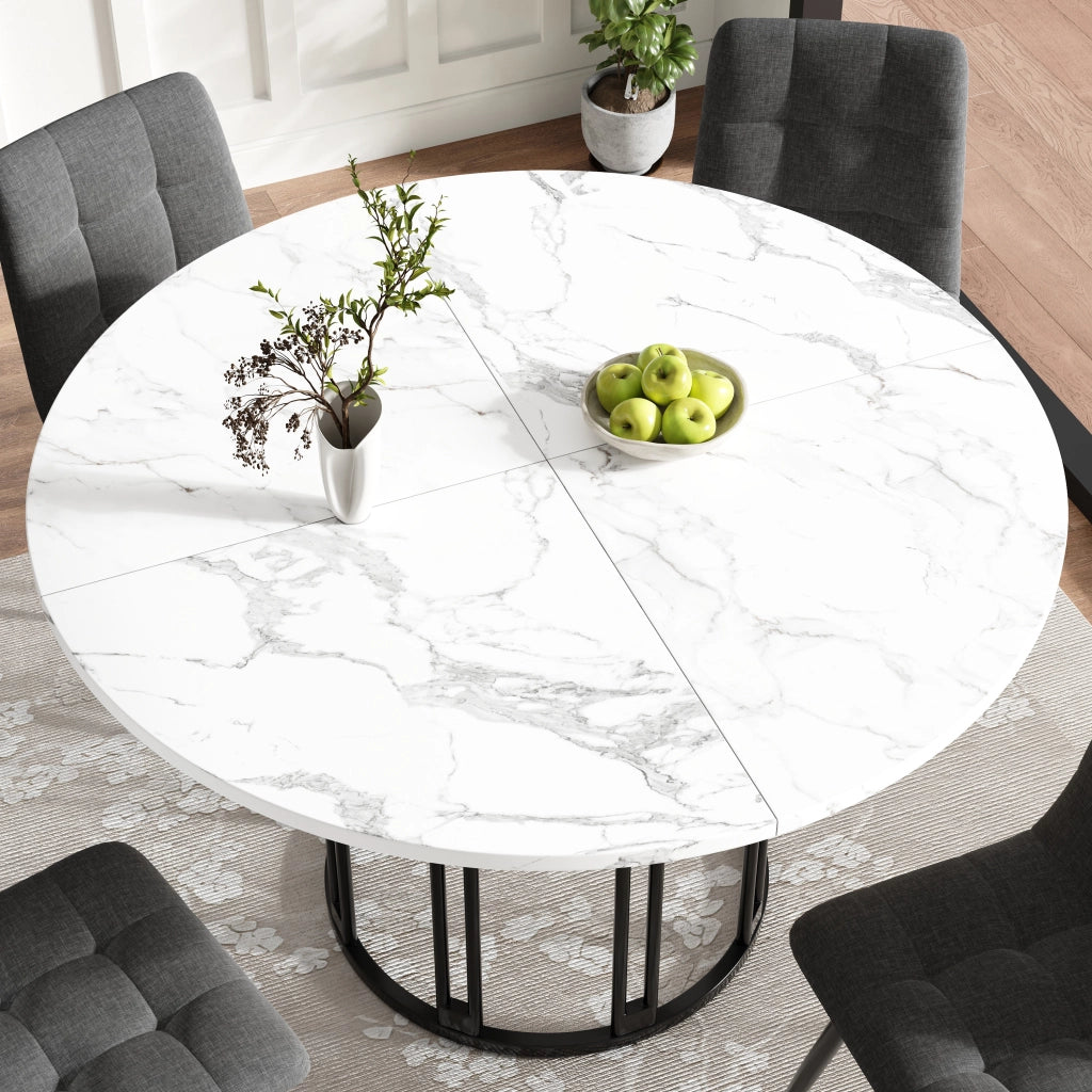 Tavolo da pranzo rotondo in MDF e metallo con effetto marmo, piedini regolabili, per cucina e soggiorno 100 × 100 × 74 cm