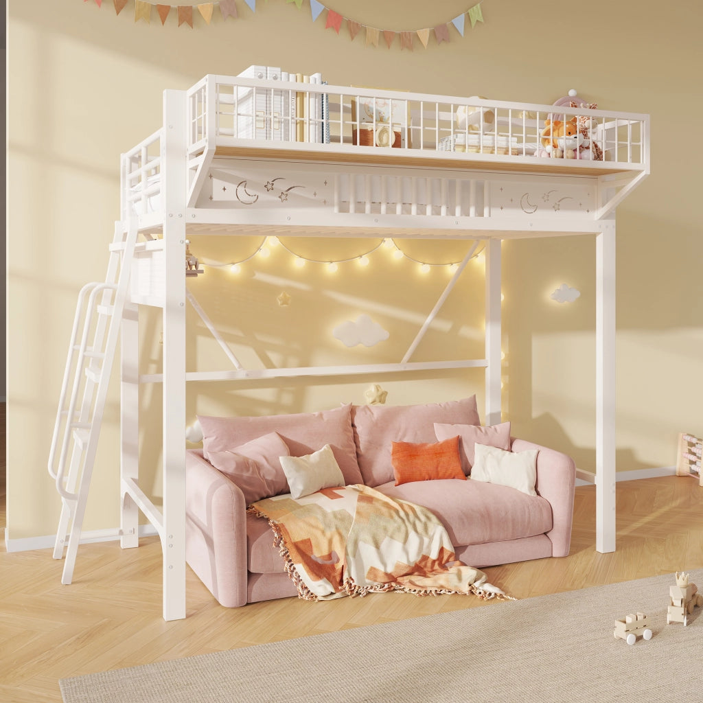 Letto a soppalco per bambini 90x200 cm; in metallo con vani portaoggetti integrati e spazio inferiore aperto; bianco