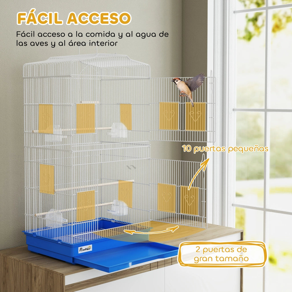 Gabbia per Uccelli ¨C Xylo ¨C Metallo Blu con 4 Mangiatoie 3 Trespoli Altalena 46,5x35,5x92 cm