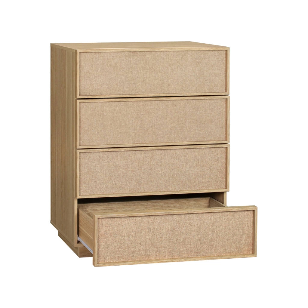 Cassettiera decorativa in legno e tessuto con 4 cassetti, marrone