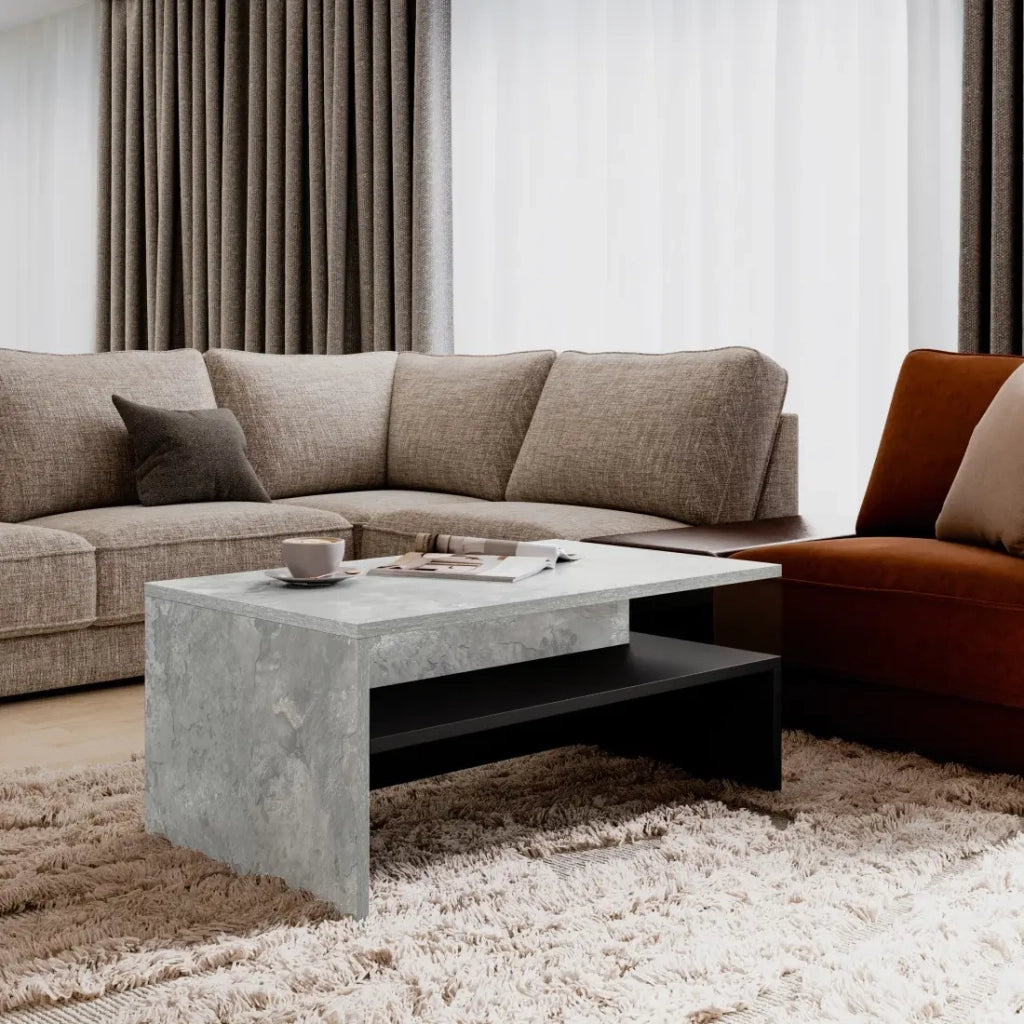 Tavolino da salotto design RAMOS – Effetto cemento grigio e nero – Piano con contenitore – 100 x 60 cm